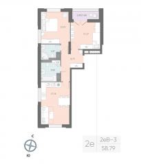 ЖК «Цивилизация на Неве», планировка 2-комнатной квартиры, 58.79 м²