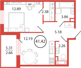 ЖК «Энфилд», планировка 1-комнатной квартиры, 41.42 м²