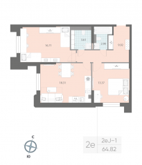 ЖК «Цивилизация на Неве», планировка 2-комнатной квартиры, 64.82 м²