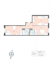 ЖК «Цивилизация на Неве», планировка 2-комнатной квартиры, 71.83 м²
