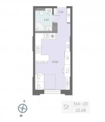 ЖК «Цивилизация на Неве», планировка студии, 25.68 м²