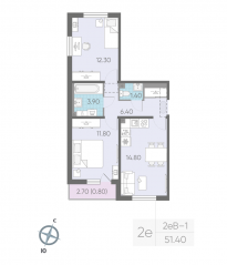 ЖК «ЛСР. Ржевский парк», планировка 2-комнатной квартиры, 51.40 м²