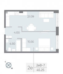 ЖК «Neva Residence», планировка 1-комнатной квартиры, 45.50 м²