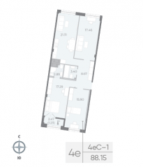 ЖК «Neva Residence», планировка 3-комнатной квартиры, 88.10 м²