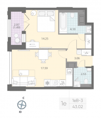 ЖК «Цивилизация на Неве», планировка 1-комнатной квартиры, 43.02 м²