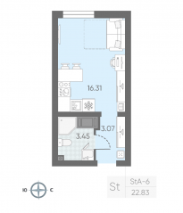 ЖК «Морская миля», планировка студии, 22.53 м²