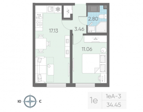 ЖК «Морская миля», планировка 1-комнатной квартиры, 34.45 м²