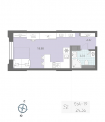ЖК «Цивилизация на Неве», планировка студии, 24.36 м²