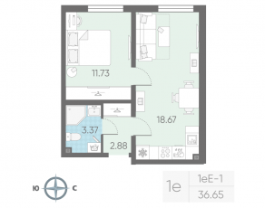ЖК «Морская миля», планировка 1-комнатной квартиры, 36.65 м²