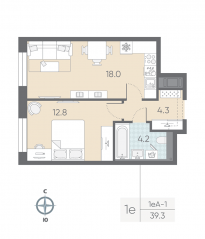ЖК «ЛСР. Большая Охта», планировка 1-комнатной квартиры, 39.30 м²