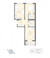 МЖК «Пулково Lake», планировка 2-комнатной квартиры, 57.10 м²