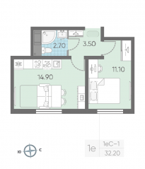 ЖК «ЛСР. Ржевский парк», планировка 1-комнатной квартиры, 32.20 м²