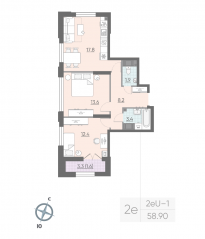 ЖК «Цивилизация на Неве», планировка 2-комнатной квартиры, 57.90 м²