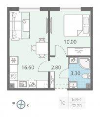 ЖК «ЛСР. Ржевский парк», планировка 1-комнатной квартиры, 32.70 м²
