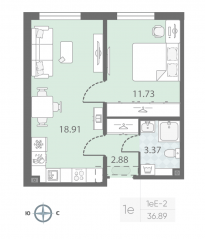 ЖК «Морская миля», планировка 1-комнатной квартиры, 36.89 м²