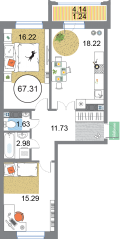 ЖК «Modum», планировка 2-комнатной квартиры, 67.31 м²