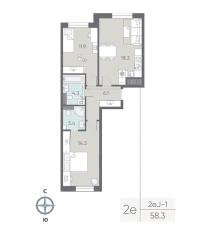 ЖК «ЛСР. Большая Охта», планировка 2-комнатной квартиры, 58.30 м²