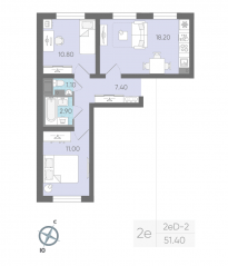 ЖК «Ручьи», планировка 2-комнатной квартиры, 51.20 м²
