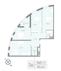 ЖК «Морская набережная. SeaView», планировка 3-комнатной квартиры, 90.47 м²