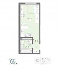 МЖК «Пулково Lake», планировка студии, 24.60 м²