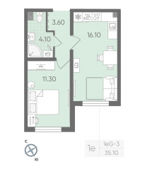 ЖК «Ручьи», планировка 1-комнатной квартиры, 35.10 м²