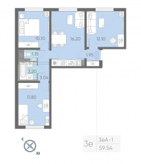 ЖК «Ручьи», планировка 3-комнатной квартиры, 58.40 м²