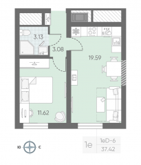 ЖК «Морская миля», планировка 1-комнатной квартиры, 37.60 м²