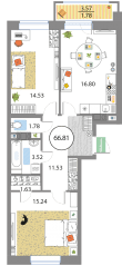 ЖК «Modum», планировка 2-комнатной квартиры, 66.81 м²