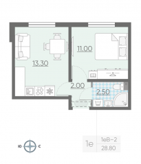 ЖК «ЛСР. Ржевский парк», планировка 1-комнатной квартиры, 28.80 м²