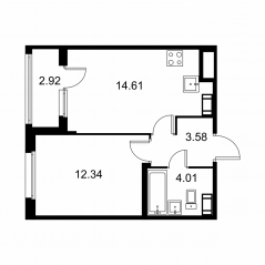 ЖК «Квартал Заречье», планировка 1-комнатной квартиры, 36.00 м²