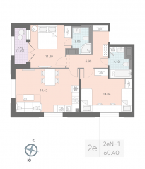 ЖК «Цивилизация на Неве», планировка 2-комнатной квартиры, 60.40 м²