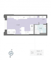 ЖК «Цивилизация на Неве», планировка студии, 23.36 м²