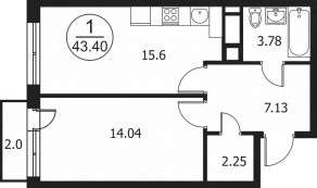 ЖК «Катуар», планировка 1-комнатной квартиры, 43.40 м²