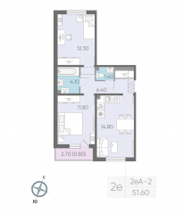 ЖК «ЛСР. Ржевский парк», планировка 2-комнатной квартиры, 51.60 м²