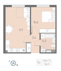 МЖК «Пулково Lake», планировка 1-комнатной квартиры, 36.00 м²