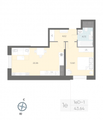 ЖК «Цивилизация на Неве», планировка 1-комнатной квартиры, 43.64 м²
