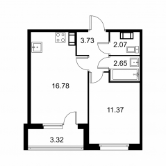 ЖК «Квартал Заречье», планировка 1-комнатной квартиры, 38.26 м²