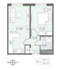 ЖК «Морская миля», планировка 1-комнатной квартиры, 34.79 м²