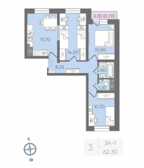 ЖК «ЛСР. Ржевский парк», планировка 3-комнатной квартиры, 62.30 м²