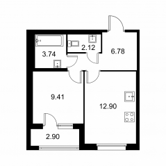 ЖК «Квартал Заречье», планировка 1-комнатной квартиры, 36.40 м²