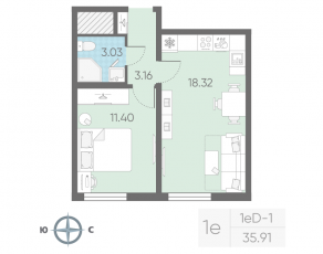 ЖК «Морская миля», планировка 1-комнатной квартиры, 35.91 м²