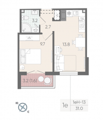 ЖК «Цветной город», планировка 1-комнатной квартиры, 31.00 м²