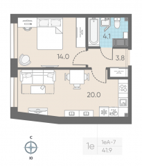 ЖК «ЛСР. Измайловский», планировка 1-комнатной квартиры, 41.90 м²