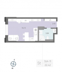 ЖК «Цивилизация на Неве», планировка студии, 22.42 м²