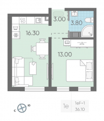 ЖК «Октябрьская набережная», планировка 1-комнатной квартиры, 36.10 м²