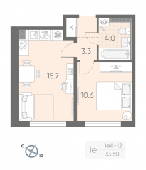МЖК «Пулково Lake», планировка 1-комнатной квартиры, 33.60 м²