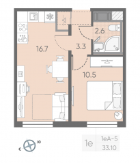 ЖК «Октябрьская набережная», планировка 1-комнатной квартиры, 33.10 м²