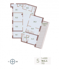 ЖК «Neva Haus», планировка 5-комнатной квартиры, 164.40 м²