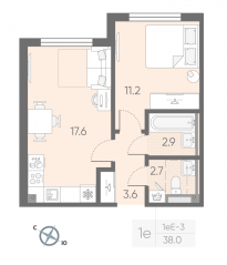 МЖК «Пулково Lake», планировка 1-комнатной квартиры, 38.00 м²