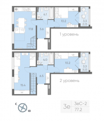 МЖК «Пулково Lake», планировка 3-комнатной квартиры, 77.20 м²